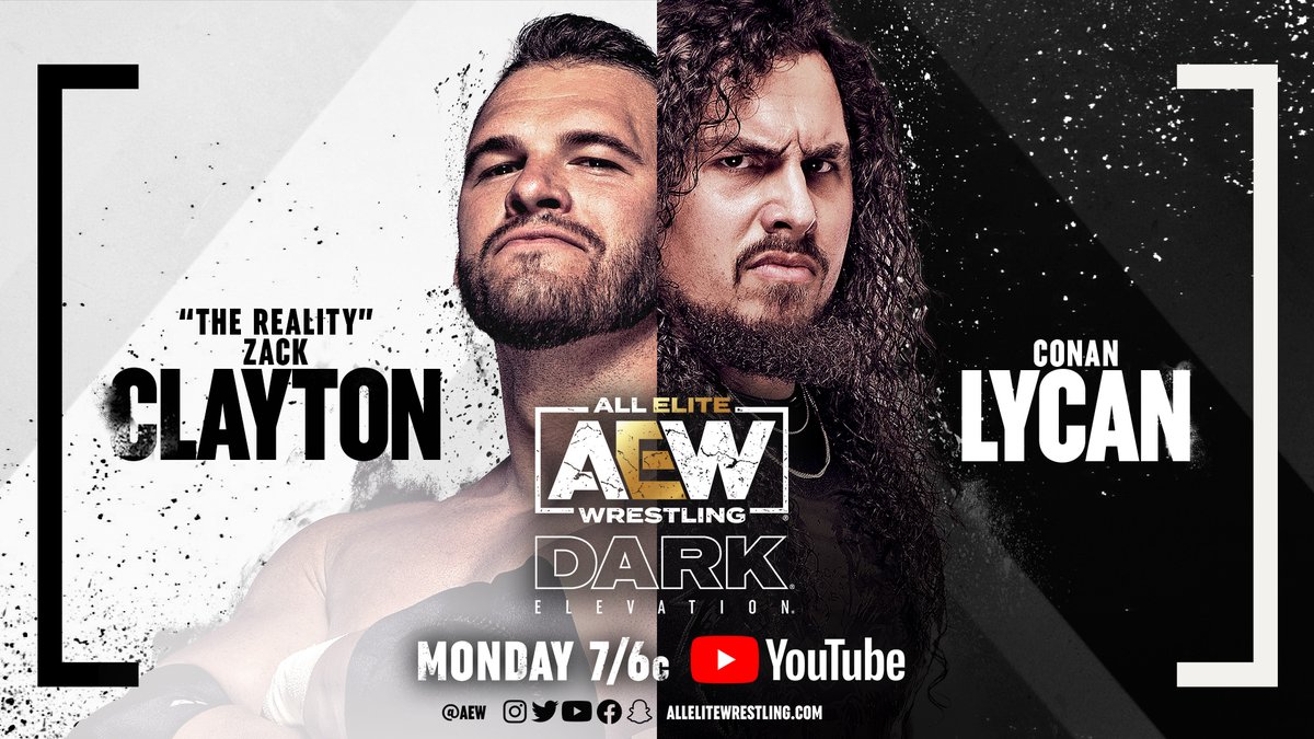 AEW's tweet photo. Don’t miss tonight’s brand new #AEWDarkElevation at 7/6c on https://t.co/lBSV4sbfpB!
-#PrivateParty @IsiahKassidy+@marq_quen v @heisaggro+@iamtheDangerKid
-@SkyeByee v @Clara_Carreras_
-@andycomplains+@BladeOfBuffalo v @LiamDavis1121+@Im_mikeanthony
-@ZackClayton v @ConanLycan https://t.co/pOzgW2f8rR