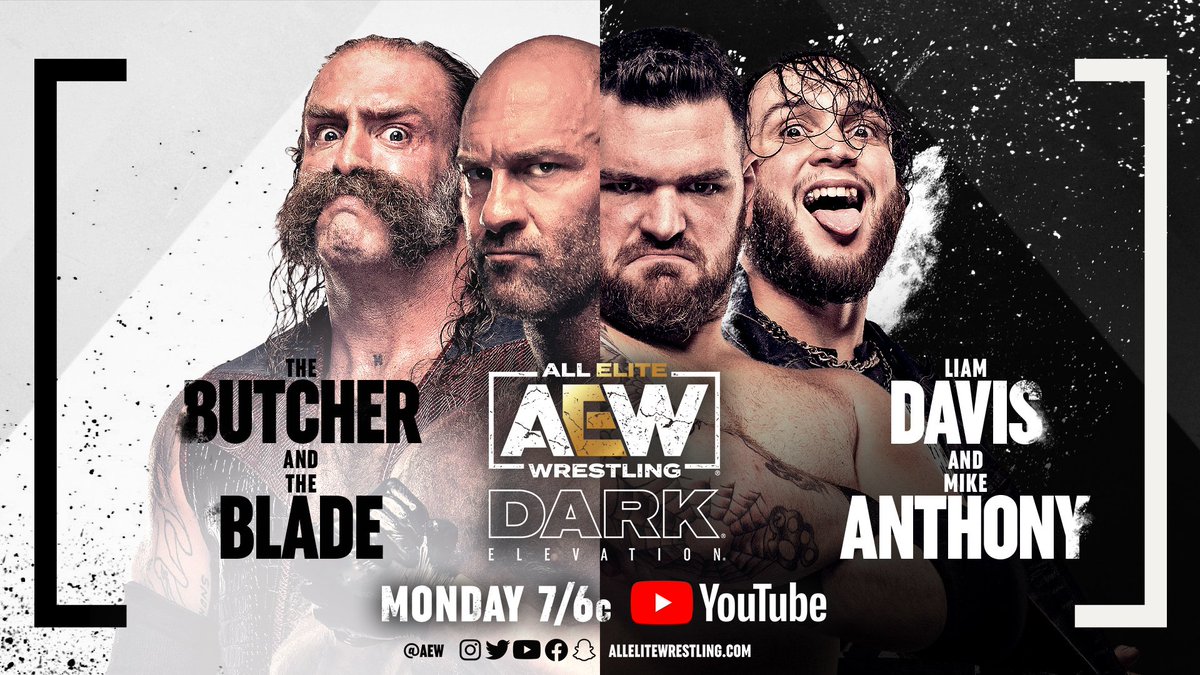 AEW's tweet photo. Don’t miss tonight’s brand new #AEWDarkElevation at 7/6c on https://t.co/lBSV4sbfpB!
-#PrivateParty @IsiahKassidy+@marq_quen v @heisaggro+@iamtheDangerKid
-@SkyeByee v @Clara_Carreras_
-@andycomplains+@BladeOfBuffalo v @LiamDavis1121+@Im_mikeanthony
-@ZackClayton v @ConanLycan https://t.co/pOzgW2f8rR