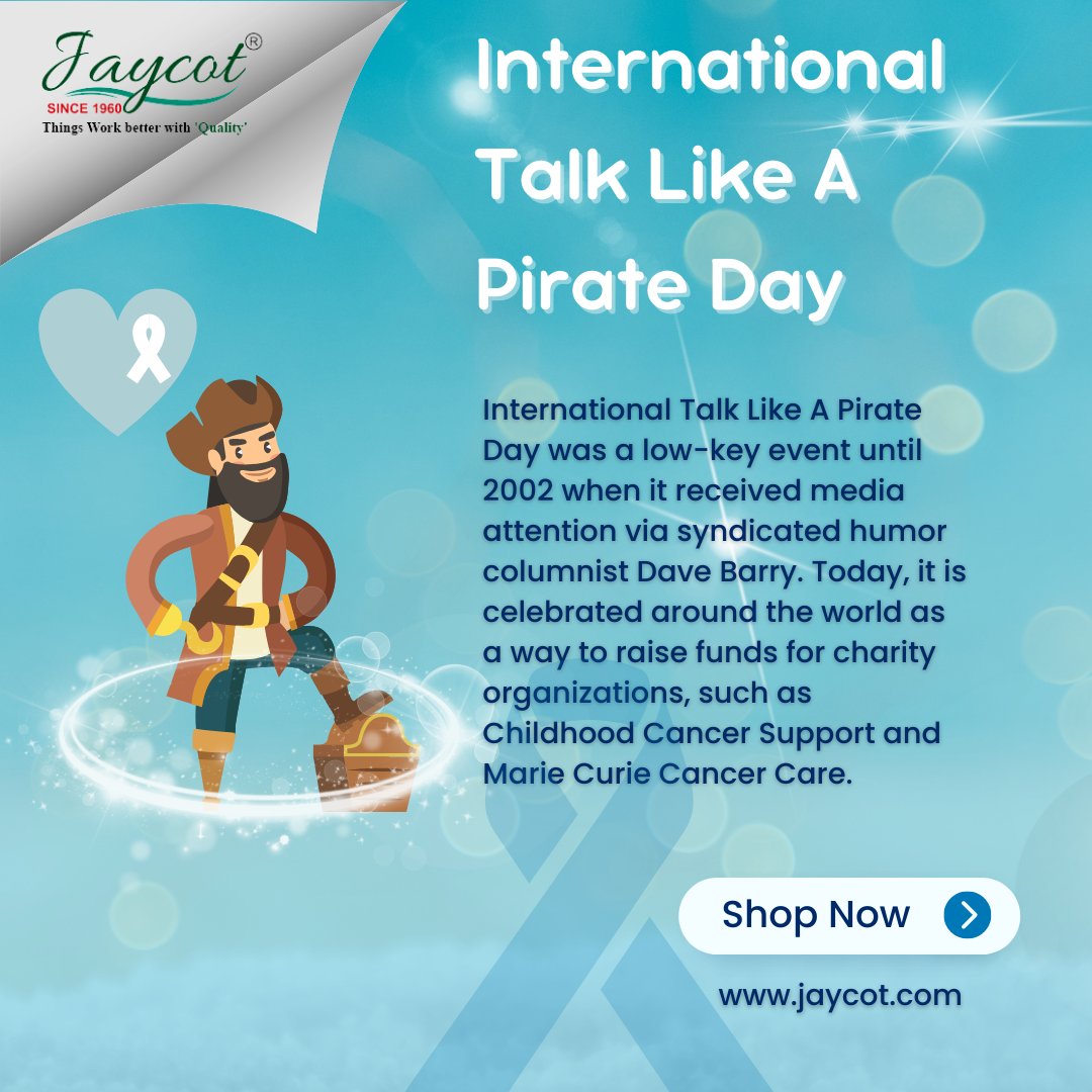 Jaycot1's tweet photo. International Talk Like A Pirate Day  is celebrated around the world as a way to raise funds for charity organizations, such as Childhood Cancer Support and Marie Curie Cancer Care.
 #internationaltalklikeapirateday #cancerresearch 
#jaycotindustries 
 #cancerawareness https://t.co/Mj5YFx2LDx