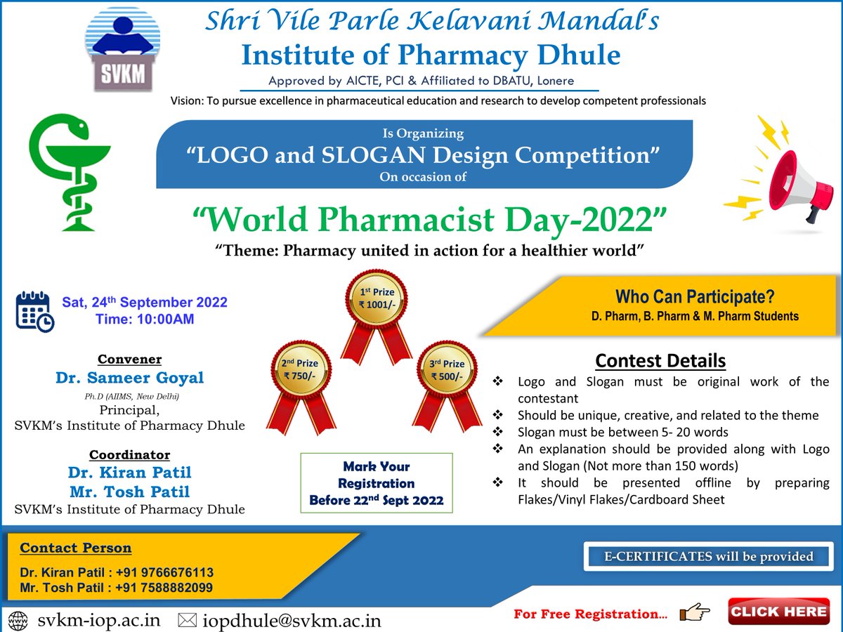 sngupharmacy's tweet photo. SVKM's Institute of Pharmacy, Dhuleis organizing the "LOGO &amp; SLOGAN Competition" on World Pharmacist Day 2022.
The link for registration is:
https://t.co/cvNUYr8am5. https://t.co/Ms1T287Jq0