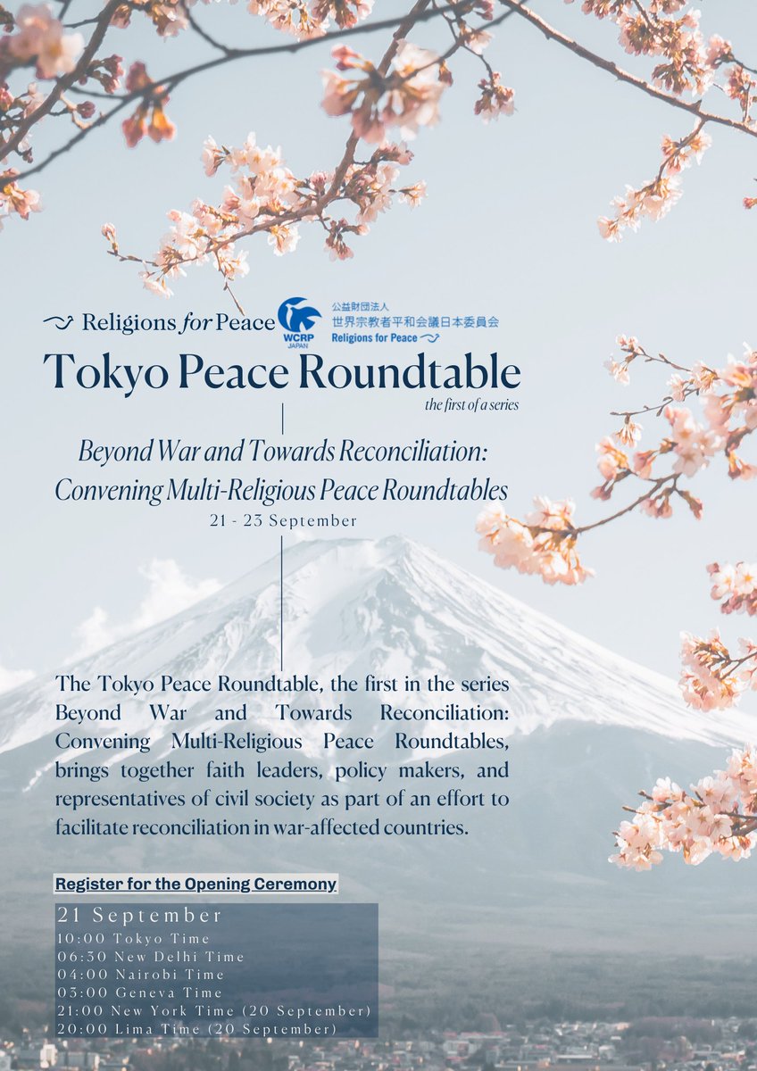 religions4peace's tweet photo. Religions for Peace International and Religions for Peace-Japan will be hosting the #TokyoPeaceRoundtable, the first of the series Beyond War and Towards Reconciliation from 21-23 September.

Register for the Opening Ceremony 🔗 https://t.co/lzaWLgGCIq

@the_acrp @BanNuclear https://t.co/lbUWYM7u7Z