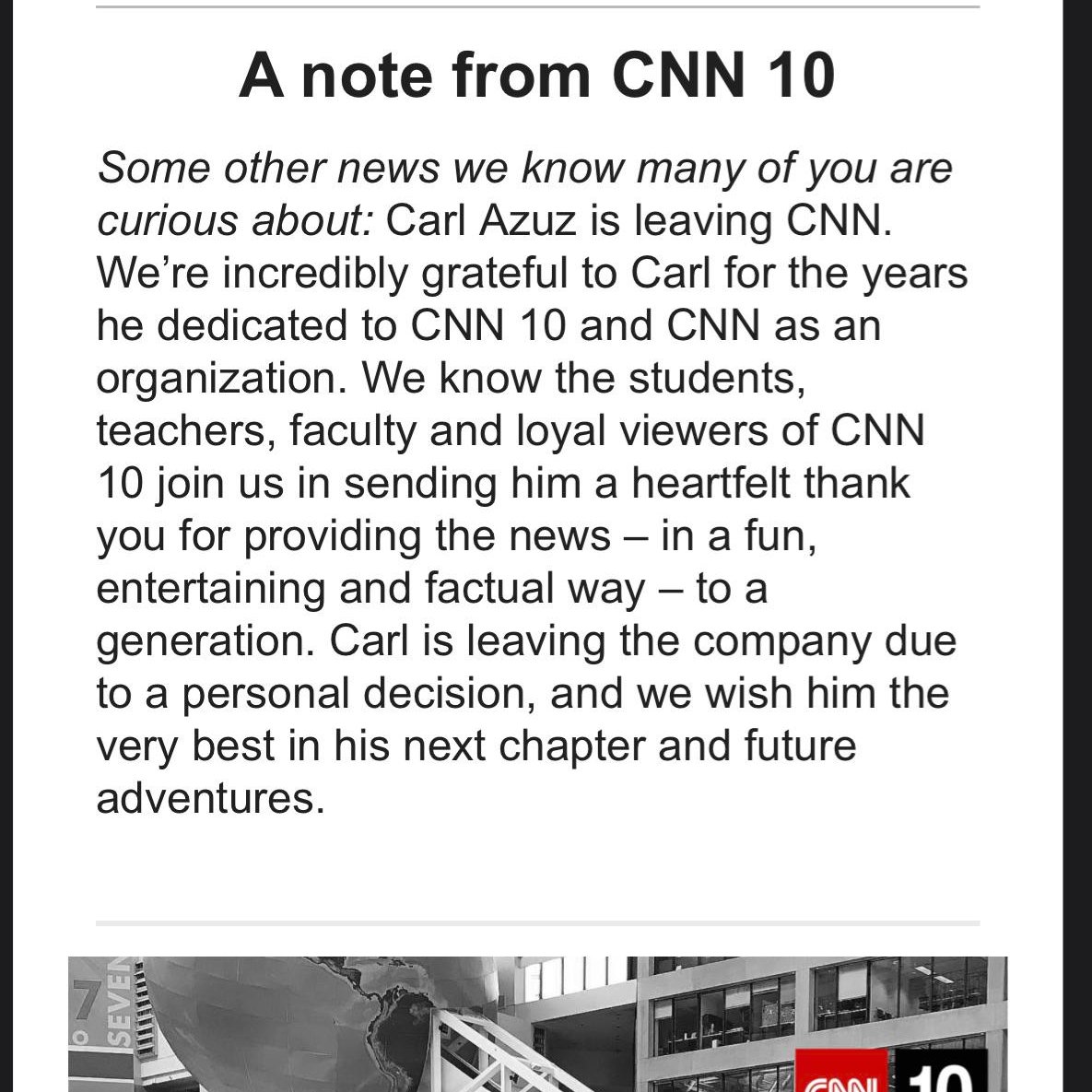 N1SenseiForever's tweet photo. Wanted to share, with those wondering about @CarlAzuzCNN
A "Note" added to the most recent newsletter from #CNN10
#CNN #WhereIsCarlAzuz #BringBackCarlAzuz #WhatHappenedToCarlAzuz #CarlAzuz @CNN https://t.co/bcdSd7szcG
