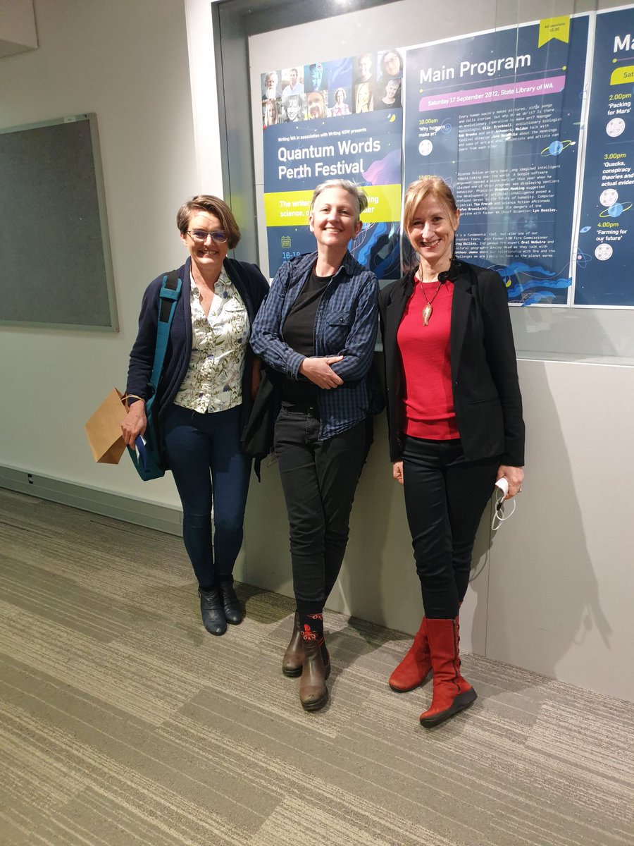 jtaylorauthor's tweet photo. Such joy to meet bodily, writing colleagues known on the ether. Great to hear the two of you talking animal agency at #QuantumWordsPerth, @millsjenjen & @DanielleClode ๐ And fun to speak sex on our panel, Jen โ kudos to @natashamitchell for threading together 3 disparate books! https://t.co/FrBl3uIR9p