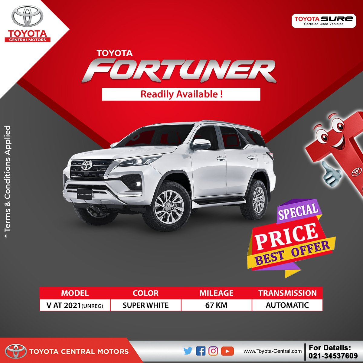 ToyotaCentralM2's tweet image. Toyota Central Motors is offering the Readily Available Fortuner. Condition is brand new! Get a Special Discount on this vehicle.
Visit us today at Toyota Central Sure!
For price &amp;amp; details, call us at 021-34537609
#toyotacentralsure #toyotacentralmotors #readilyavailable
