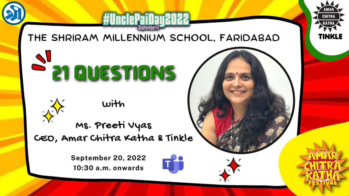 FaridabadTsms's tweet photo. #TSMS #TSMSF #Faridabad #InteractiveSession #Q&A #21Questions #BookNPoetryWeek2022 #Tinkle #AmarChitraKatha #UnclePai #RouteToOurRoots #PrideInOurHeritage https://t.co/qXIAZy4BGy