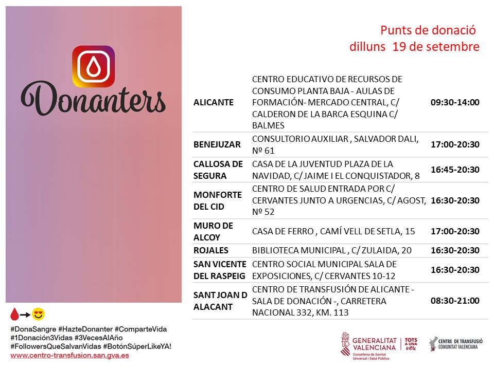 GVAdonasang's tweet photo. Punts de donació de sang #Alacant
📅dilluns #19setembre
La Comunitat Valenciana necessita 650 unitats de sang diàries per a atendre la demanda hospitalària.
👉Donar sang és un acte de solidaritat. Suma't a salvar vides.❤ https://t.co/QhhUcQzhQ4