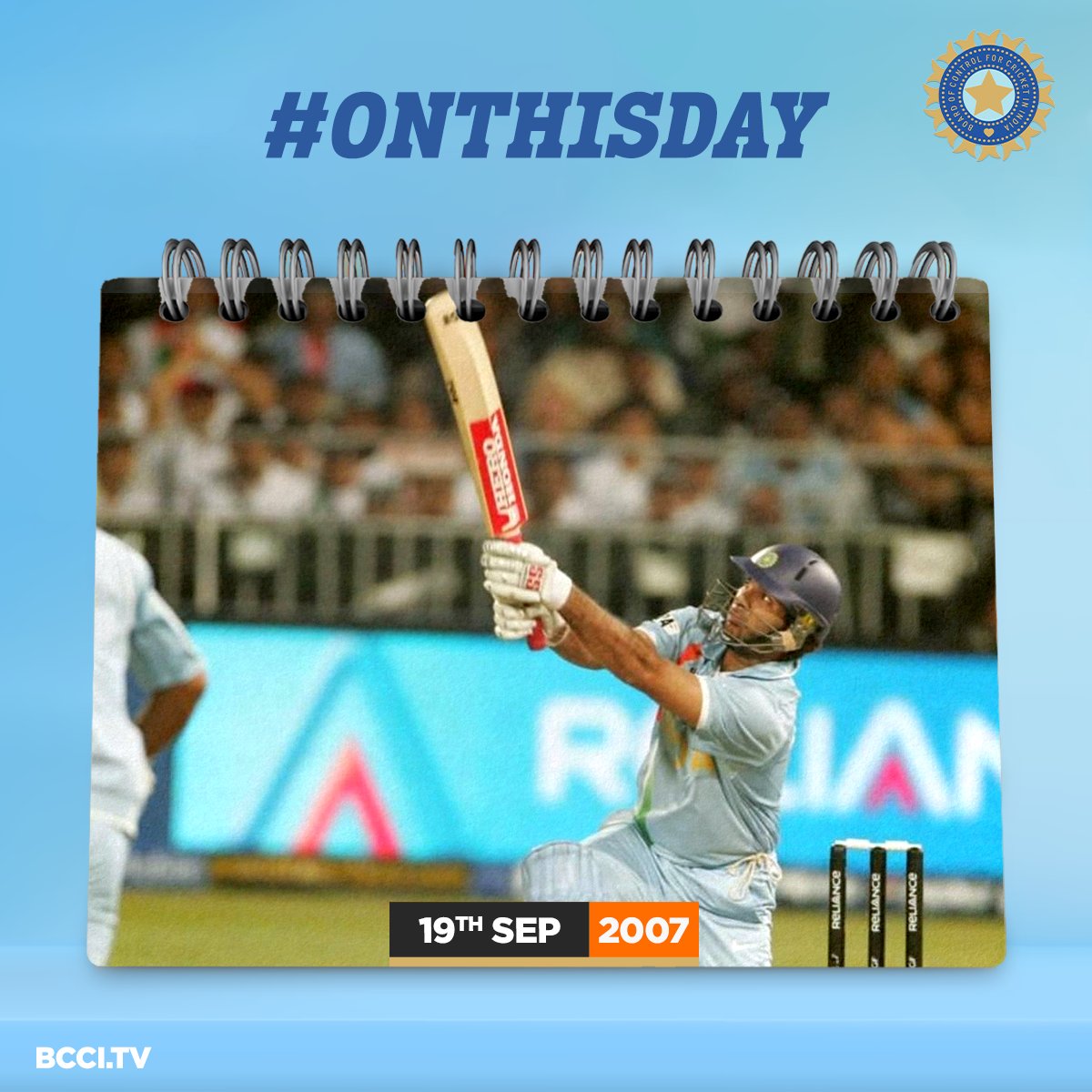 BCCI's tweet photo. #OnThisDay in 2007 🗓️

 @YUVSTRONG12 created history as he slammed 6️⃣ sixes in an over to register the fastest ever T20I fifty 💥💥

#TeamIndia https://t.co/amdqsdiNif