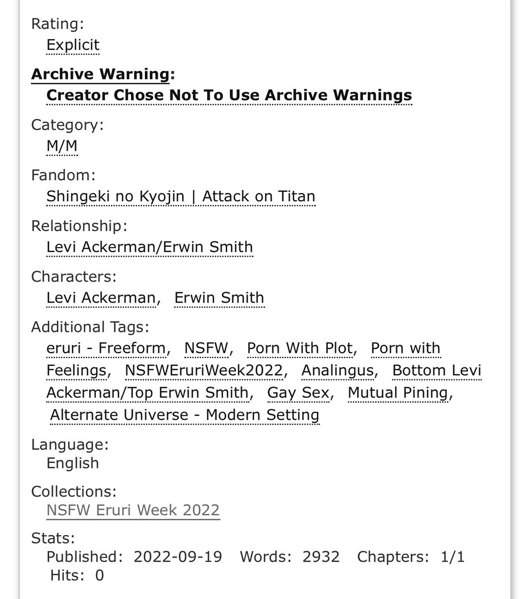 Day 3 of #nsfweruriweek2022 ! Modern AU for today's prompt, Levi owns his own tea shop and ran into Erwin after being apart from each other for a few years post college....and well, we all know how that ends up <a href="/nsfweruriweek/">NSFW EruRi Week 2024</a> 
 archiveofourown.org/works/41802072