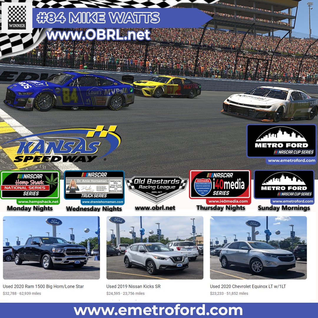 i40media's tweet photo. Michael Watts #84 Lowe's Home Improvement Ford Mustang Wins The Old Bastards Racing League Metro Ford Chicago NASCAR Cup Series Race at Kansas Speedway!

Eddie Jones #14 Jones Signs  Chevrolet Camaro Finished 2nd
Steve Thomson #67 Dr. Amie Hornaman… https://t.co/943UfxhiS2 https://t.co/KyBVf52sDg