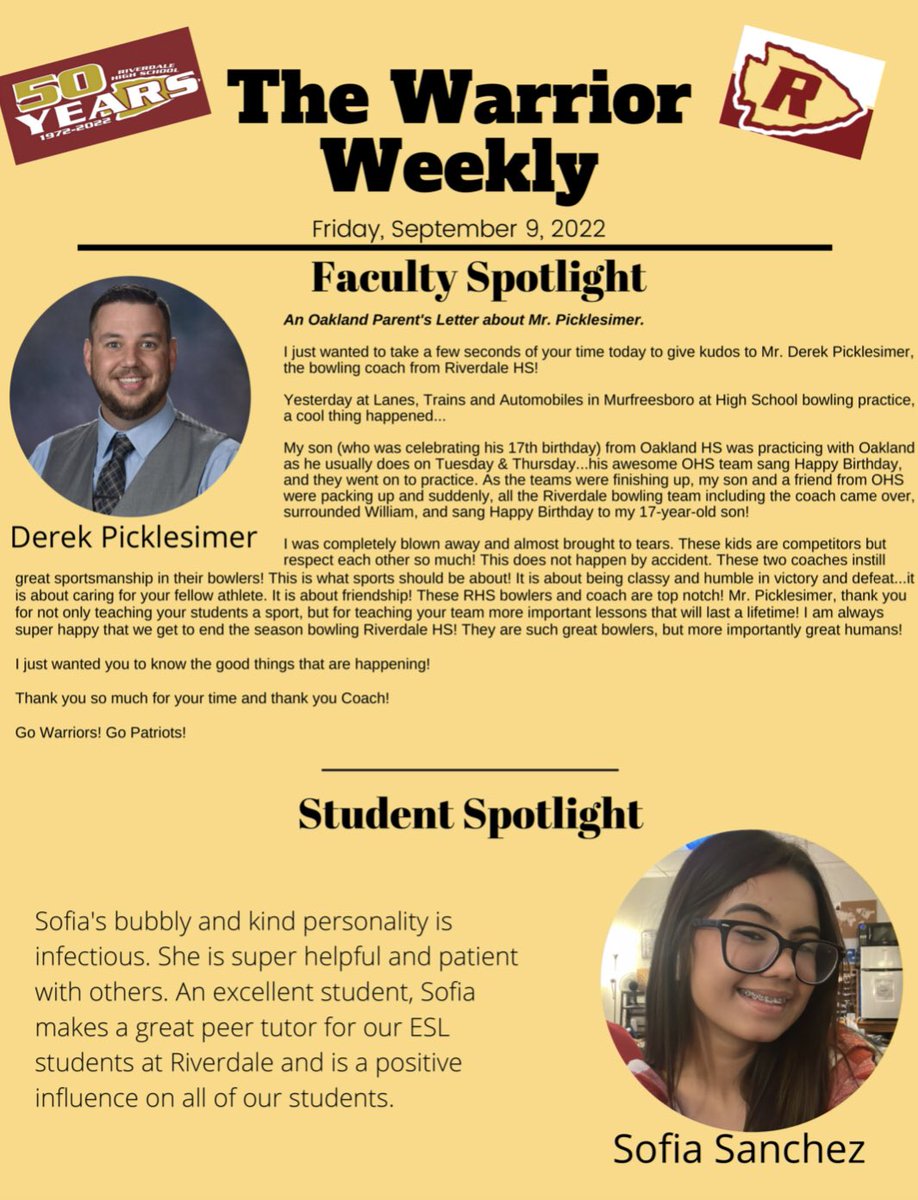 Excited to see Sofia Sanchez in The Weekly Warrior! <a href="/RiverdaleHighTN/">Riverdale HS</a>