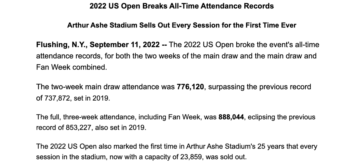 christophclarey's tweet photo. US Open breaks its attendance records (by a lot) https://t.co/DvWTWkXWzy