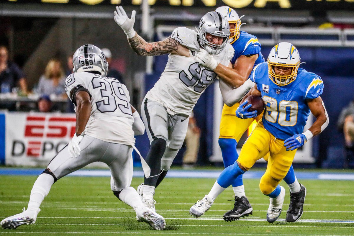 ChargersOMFL's tweet photo. Chargers make statement in 44-17 win over the Raiders. Ekeler and Spiller combined for 3 TDs and 170 yards rushing while the defense forced 3 turnovers. @GrownFolksOC https://t.co/0xTqmIZa1D