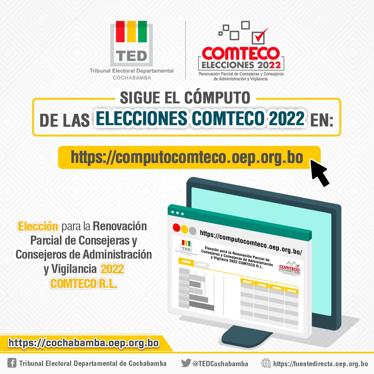 TEDCochabamba's tweet photo. Elección para la Renovación Parcial de Consejeras y Consejeros de Administración y Vigilancia de la Cooperativa de Telecomunicaciones Cochabamba - COMTECO R.L. 2022.
👉Sigue el cómputo de votos:
https://t.co/nbccWfWvKB

#EleccionesCOMTECO2022 https://t.co/b08iYd0EHV