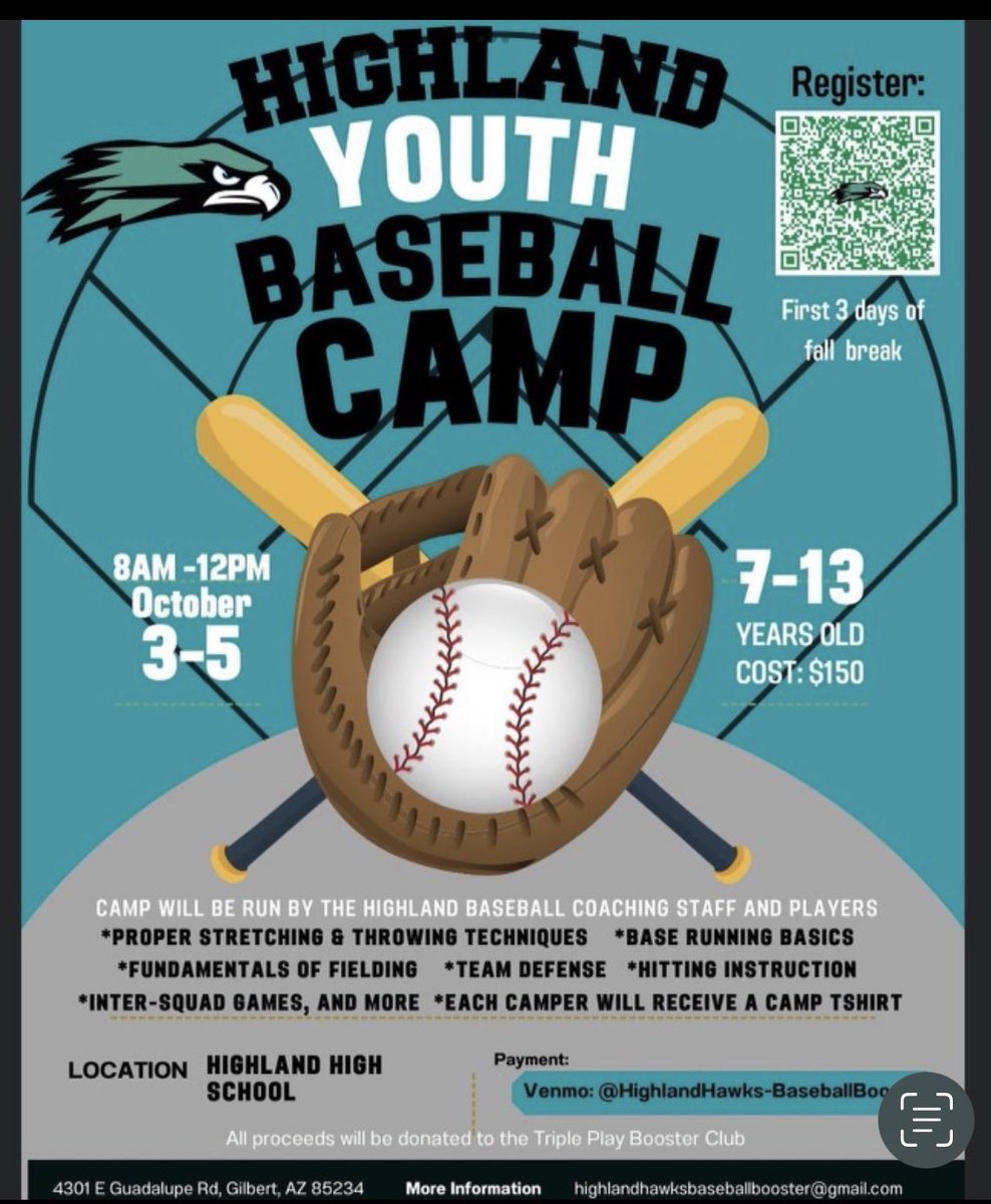 hawksbaseballaz's tweet photo. Don’t forget to register for our Highland Youth Baseball Camp! https://t.co/Xqs8VkT9AZ
