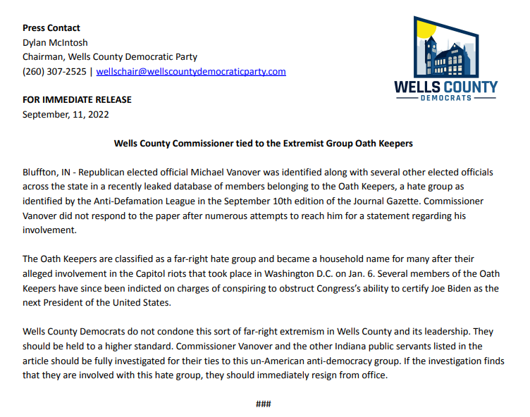 wellscodems's tweet photo. A statement from the Wells County Democrats regarding the Wells County Commissioner linked to the Oath Keepers. https://t.co/gaLPaYDwjo