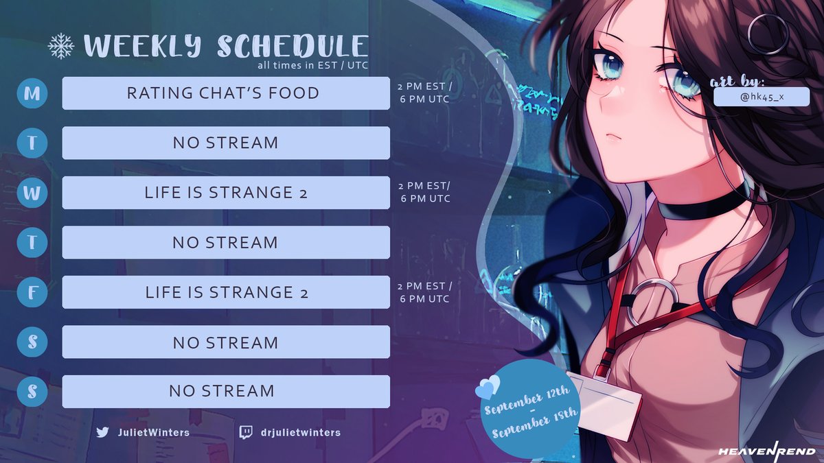 JuIietWinters's tweet image. Weekly Schedule 9/12 - 9/18 🤍❄️

❄️ Live Tag: #TheDocIsIN
🤍 Twitch: twitch.tv/drjulietwinters

🎨 by @/hk45_x 🤍