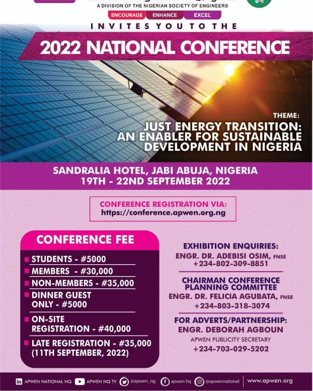 *Register Now!*
*Early Bird Ends in less than 2Hrs!!*
*Don't Miss It, Save Some!!!*

Click on the link below to Register and Pay for 2022 APWEN National Conference 👇🏼👇🏼👇🏼
conference.apwen.org.ng