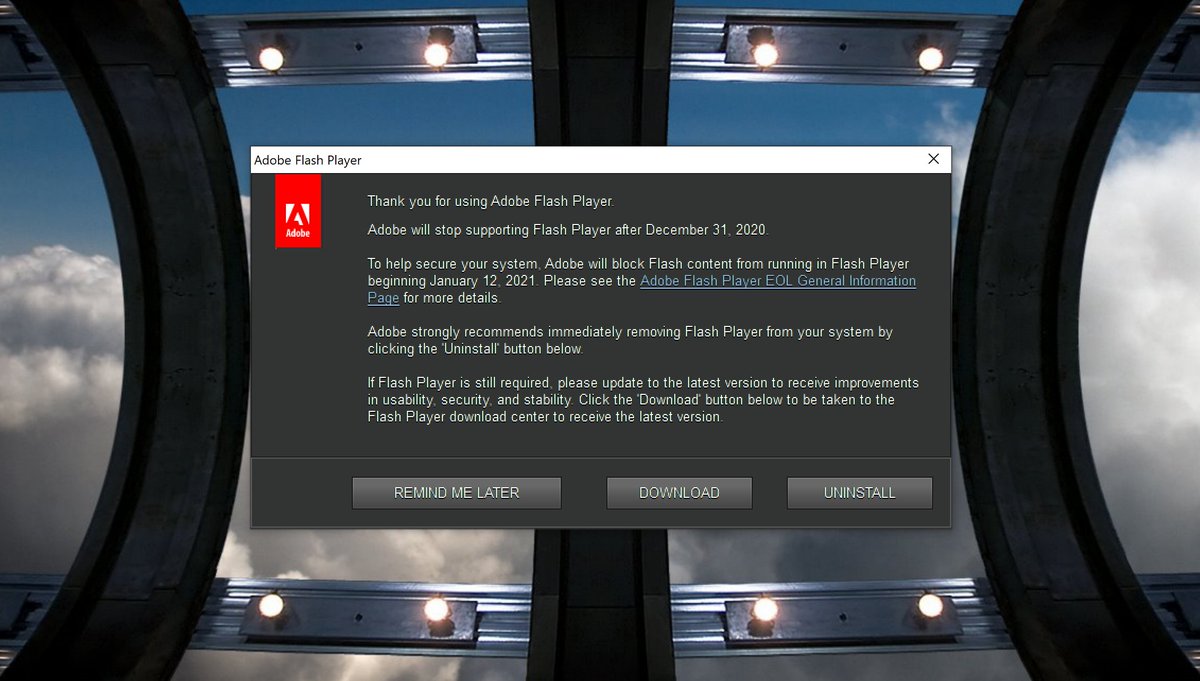 shanemielke's tweet photo. I will always click cancel on this request to uninstall. #RIPFlash https://t.co/ebZCqsTpqa