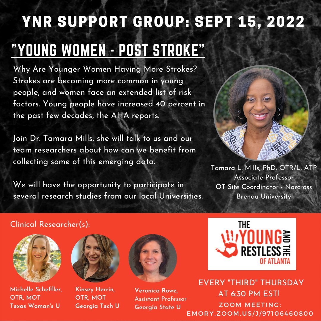 RogerCXO's tweet photo. Welcome to The Young and the Restless of Atlanta – TBI/ABI (STROKE) Support Group

Why Are Younger Women Having More Strokes?

Come and learn about research studies. Join us:
Thursday, Sept 15th @ 6:30pm-8:30pm EST
Support Group Zoom meeting:
https://t.co/1XsNciWiV7 https://t.co/BjaYzmixRD