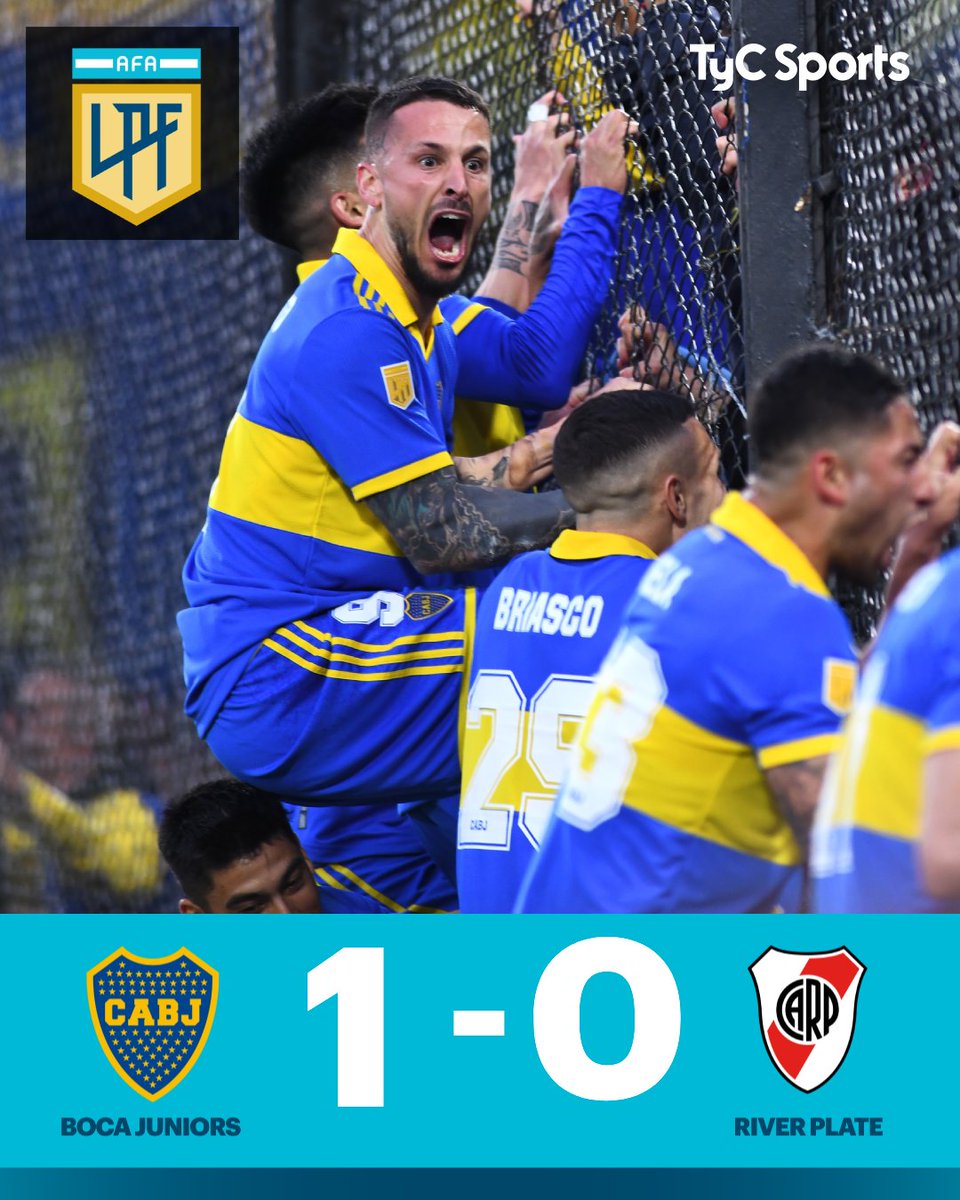 TyCSports's tweet photo. ¡BOCA SE QUEDÓ CON EL SUPERCLÁSICO!

Benedetto apareció a los 65´ y -de cabeza- le dio la victoria al Xeneize ante #River. Con los tres puntos, los comandados por Ibarra treparon a la cuarta posición con 32 unidades -misma cantidad que #Huracán- y quedaron a dos del Decano. https://t.co/5cH7y1Z7St