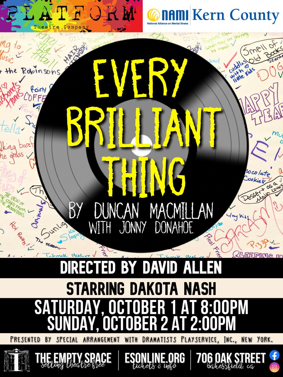 KernNami's tweet photo. We are excited to partner with Platform Theater Company to host Every Brilliant Thing on October 1 and 2. Shine a light on supporting the mental health journey. For tickets visit https://t.co/0m8viCt9hf https://t.co/wjxC2tklps