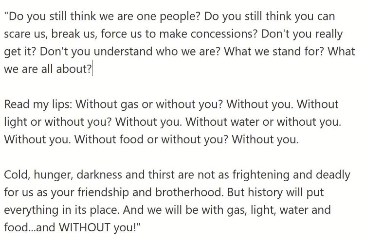 visegrad24's tweet photo. Zelensky delivering one of his best speeches of yet during this war after Russian missiles strikes against the Ukrainian powergrid causes an almost complete blackout in large parts of eastern Ukraine.

“Without you, always without you!” https://t.co/RJ0vqG4ShK