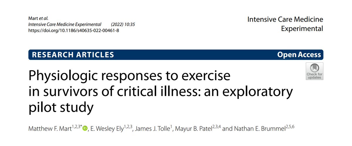 🏃‍♀️🏊‍♂️🚶Your #ICU patients might experience #PICS and impaired physical function after discharge. Have a look at this pilot study from @VUMChealth investigating the mechanisms of exercise limitation!💪 Read it here: icm-experimental.springeropen.com/articles/10.11…