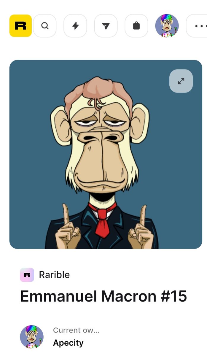 Price: 0.02 eth. Emmanuel Macron was listed in rarible. He is a politician named in ape city who has many supporters and opponents. He is the president of a part of ape city. 
#EmmanuelMacron  #NFTCommuntiy #NFTdrops  #rarible #NFTartist #BabyDogeCoin #DeFi #Metaverse #apecity