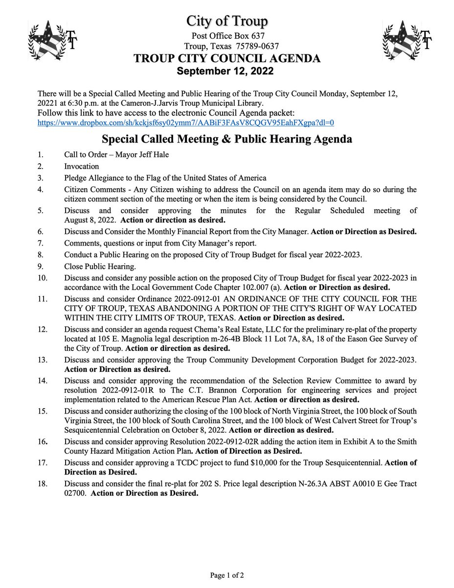 TroupTexas's tweet photo. There will be a Special Called Meeting and Public Hearing of the Troup City Council Monday, September 12, 20221 at 6:30 p.m. at the Cameron-J.Jarvis Troup Municipal Library.  
Follow this link to have access to the electronic Council Agenda packet: 
https://t.co/pw2z6LzGt5 https://t.co/ak5il07p1i