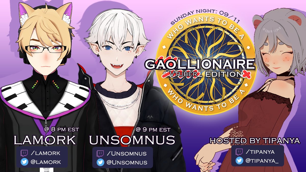 Tipanya_'s tweet photo. Tonight's show will be hosted by your favorite bearcat (teehee) as I bring on some more members of @nyazelirecords, @nyamork at 8 PM EST and @Unsomnus at 9 PM EST. Please give them your support~! 💜🤍I hope to return to holding these game shows monthly so let's have fun tonight~ https://t.co/Em0RAr1qJx