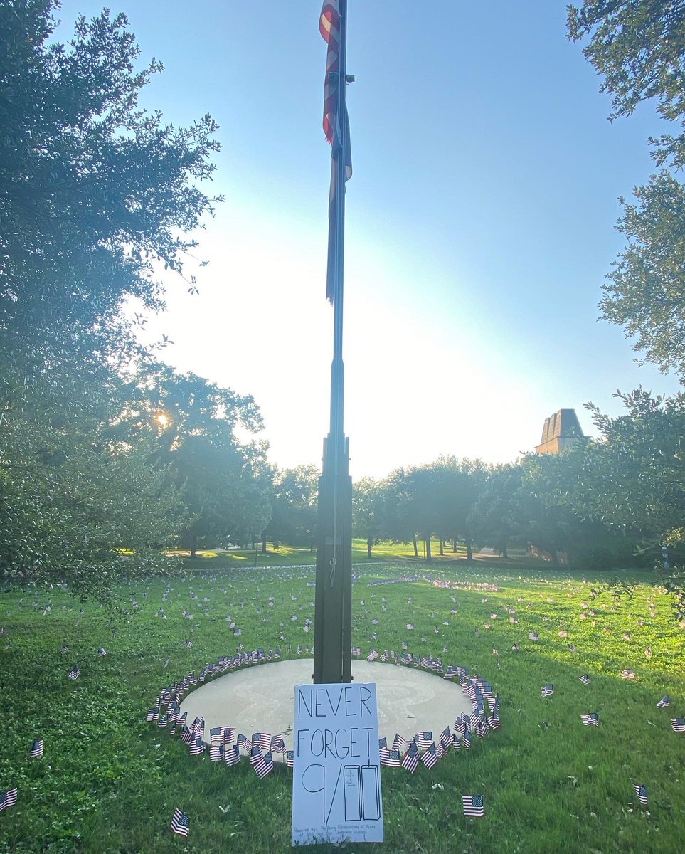 seuycf's tweet photo. Today marks the 21st anniversary of the darkest day in American history. In honor of the fallen, we planted 3,000 Americans on Holy Cross Lawn for those who lost their lives on September 11th. Come out for a moment of silence for those who lost their lives. We will never forget. https://t.co/mDV5Iak75z