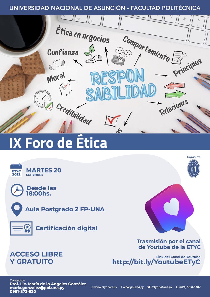 ETyC_py's tweet photo. Se parte del IX Foro de Ética 🙌🏼
🎟️ Acceso gratuito
Transmisión en vivo por YouTube
🔗 https://t.co/EGTkNfnsEK
#ETyC #Tecnología #Innovación #Ciencias #Feria #Educación #FPUNA #UNA https://t.co/wpjuIyO4Fc