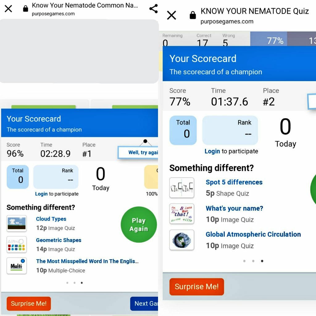 activeplantnema's tweet photo. Everyone needs to check out these really cool nematode games created by @talk2gideonnow! 💯🙌🏼 

Think you can beat our score? 😝

Know Your Nematode: https://t.co/ZtAXsYSuyG

Nematode Common Names: https://t.co/FtjwZ8iI8Y https://t.co/HZeXuSZtRg