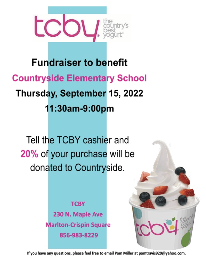 Countryside_PTO's tweet photo. This Thursday (9/15/32) is our first Dine &amp; Donate of the school year at TCBY 🎉🍦 This is a great chance for a Back To School get together - meet up with new classmates, old friends, and maybe even your teacher 😁 #WeAllScreamForIceCream https://t.co/ymeXQQ3GYp