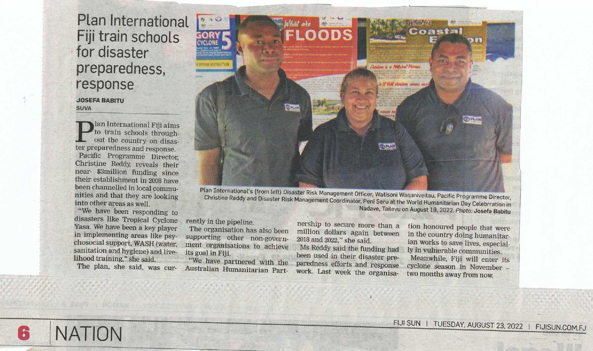 _PlanPacific's tweet photo. Plan International Fiji aims to train schools throughout the country on disaster preparedness and response.
Read more in an article that was published on the 23rd of August, 2022.
#schools #disasterpreparedness #PlanInternational #psychosocialsupport #livelihoodtraining #AHP https://t.co/IawUpOVeLL