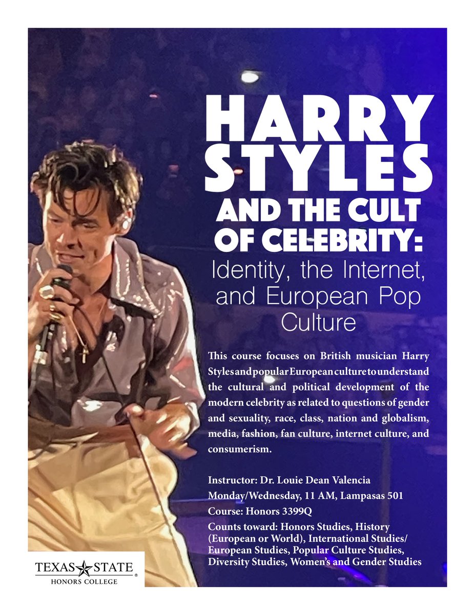 BurntCitrus's tweet photo. Registration for Harry Styles and the Cult of Celebrity for Spring 2023 opens SOON. If you aren't a student in the Honors College, apply today! Registration opens 3 October!! Let's go! https://t.co/ZKNILC0yEA

#HarryStyles #HSLOT #tpwk https://t.co/gobAZaeJDU