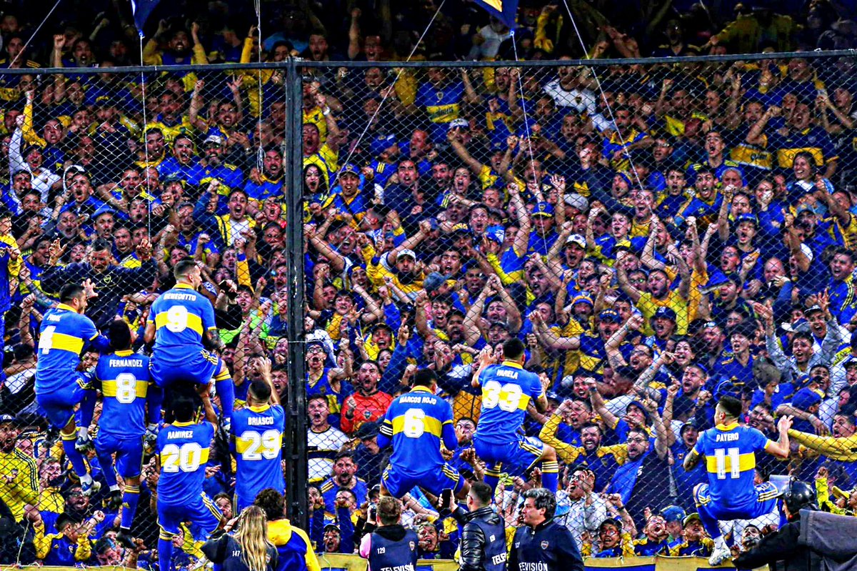 Juezcentral's tweet photo. Celebrar un gol con tu hinchada, literalmente. Gol de Boca a River en el en la Bombonera. Así se festeja. Qué imagen. https://t.co/gUdGSa9eCT