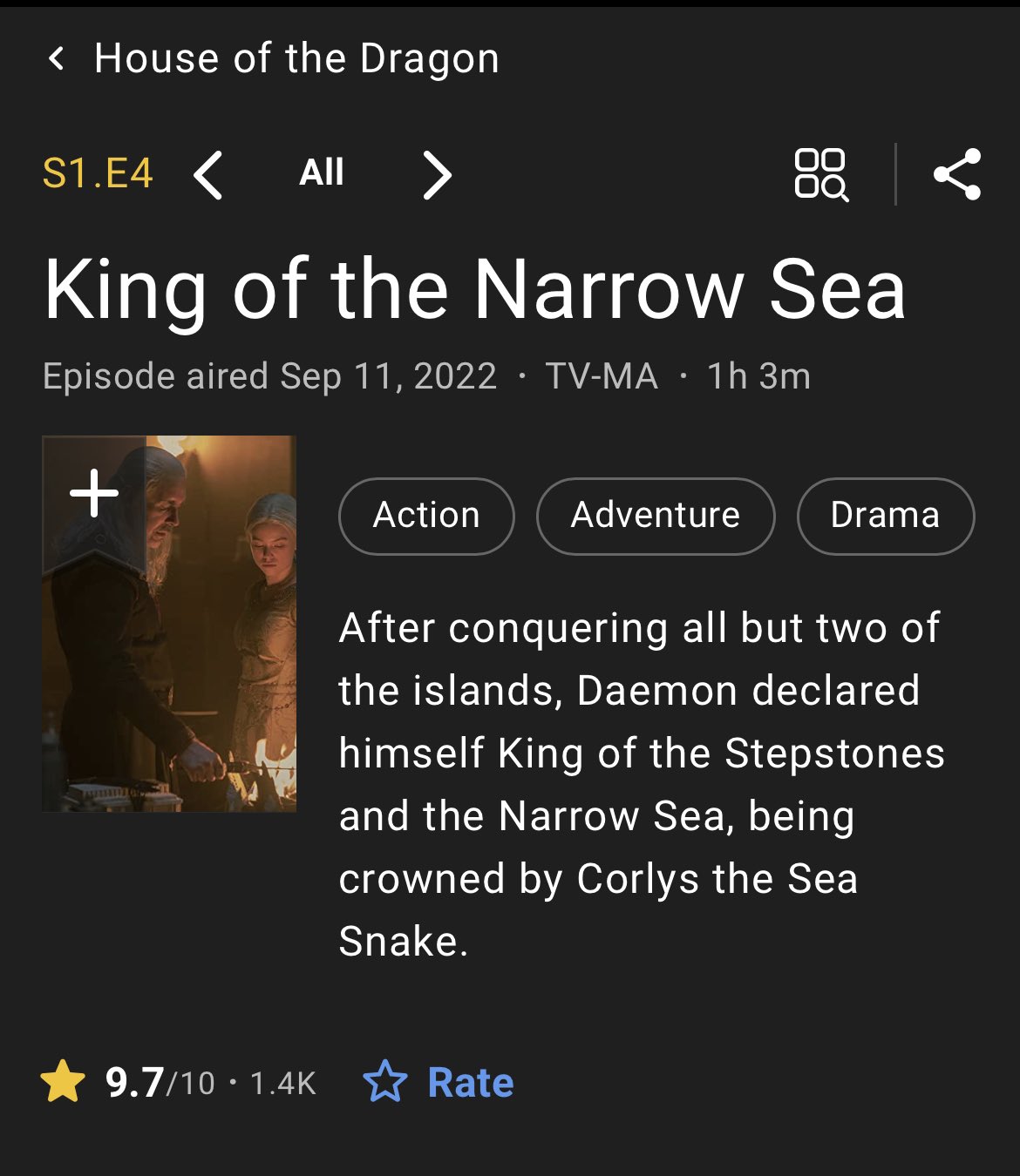 Dream of ASOIAF on X: #HouseOfTheDragon episode 4 has a 9.7 IMDB rating   / X