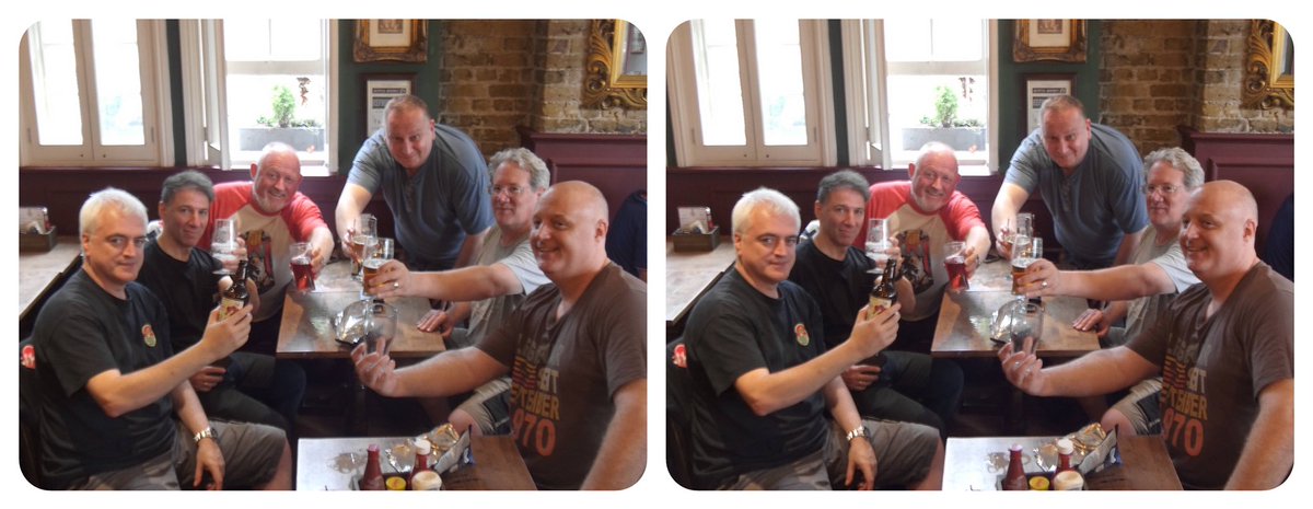 StereoSimian's tweet photo. The @2000adSouthern met up at the @CrownAnchor1 to celebrate the 10th anniversary of #Dredd3D, the amazing film adaptation of @2000AD’s future lawman.

I was on hand to take several blurry #stereoscopic #3D pics… *hic*

1/2 https://t.co/U5uVKWjHt1