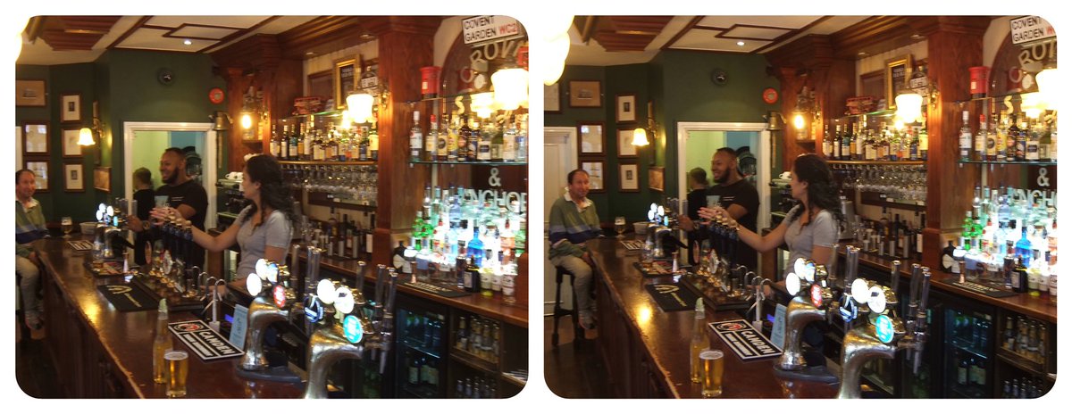 StereoSimian's tweet photo. The @2000adSouthern met up at the @CrownAnchor1 to celebrate the 10th anniversary of #Dredd3D, the amazing film adaptation of @2000AD’s future lawman.

I was on hand to take several blurry #stereoscopic #3D pics… *hic*

1/2 https://t.co/U5uVKWjHt1