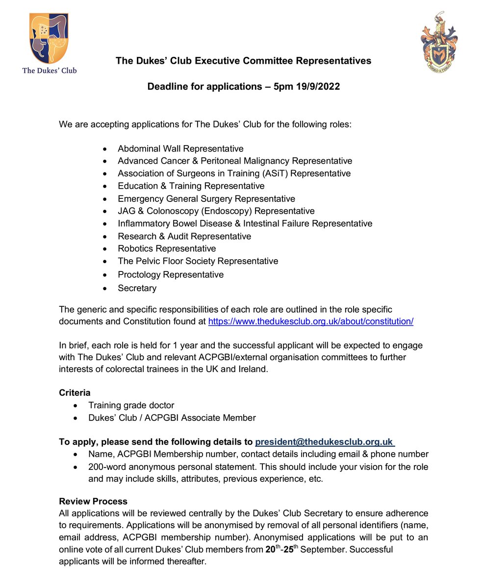 The Dukes' Club (@dukes_club) on Twitter photo It's #ExecElection time again!!
Apply 🌟 NOW 🌟 to be a part of <a href="/Dukes_Club/">The Dukes' Club</a> Exec as we look to continue supporting trainees in the year ahead
And with <a href="/m_rabie/">Mohamed Rabie</a> at the helm, you'll be well supported 👏 👏
<a href="/ACPGBI/">@ACPGBI</a> <a href="/charles45327316/">charles maxwell-armstrong</a> <a href="/TorkiJ/">Jared Torkington</a> <a href="/jdcamcolorectal/">Justin Davies</a> It's #ExecElection time again!!
Apply 🌟 NOW 🌟 to be a part of <a href="/Dukes_Club/">The Dukes' Club</a> Exec as we look to continue supporting trainees in the year ahead
And with <a href="/m_rabie/">Mohamed Rabie</a> at the helm, you'll be well supported 👏 👏
<a href="/ACPGBI/">@ACPGBI</a> <a href="/charles45327316/">charles maxwell-armstrong</a> <a href="/TorkiJ/">Jared Torkington</a> <a href="/jdcamcolorectal/">Justin Davies</a>