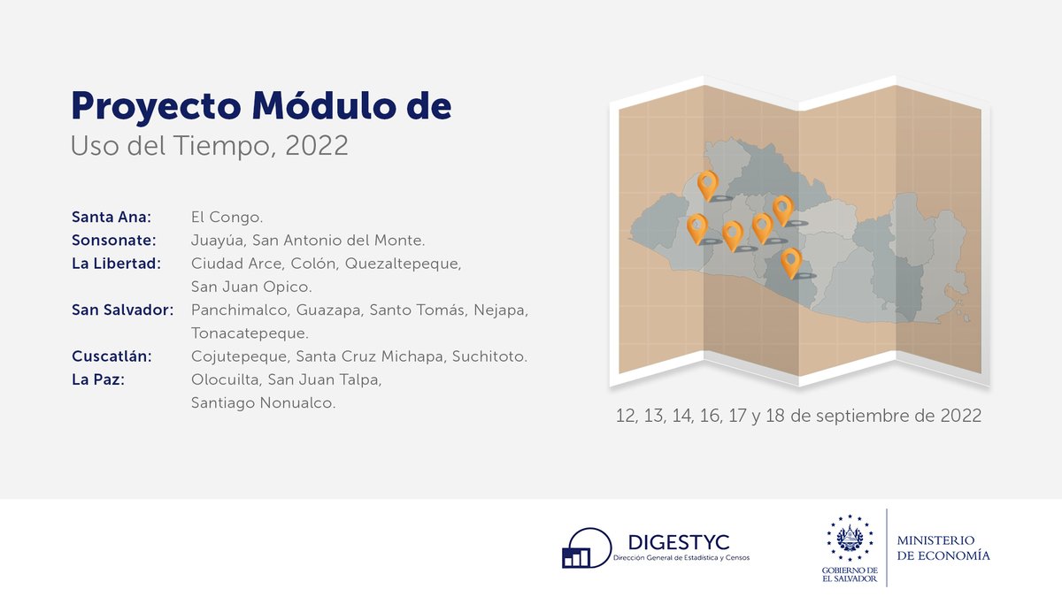 EconomiaSV's tweet photo. 📢Del 12, 13, 14 y 16 de septiembre, equipo de #DIGESTYC recabará datos socioeconómicos y demanda turística interna, a través del mapeo y encuestas:
✅ Hogares de Propósitos Múltiples #EHPM
✅ MITUR

Del 12, 13, 14, 16 al 18 de septiembre:
✅ Uso del Tiempo

👇 Detalles aquí: https://t.co/LQoBu2qIoR
