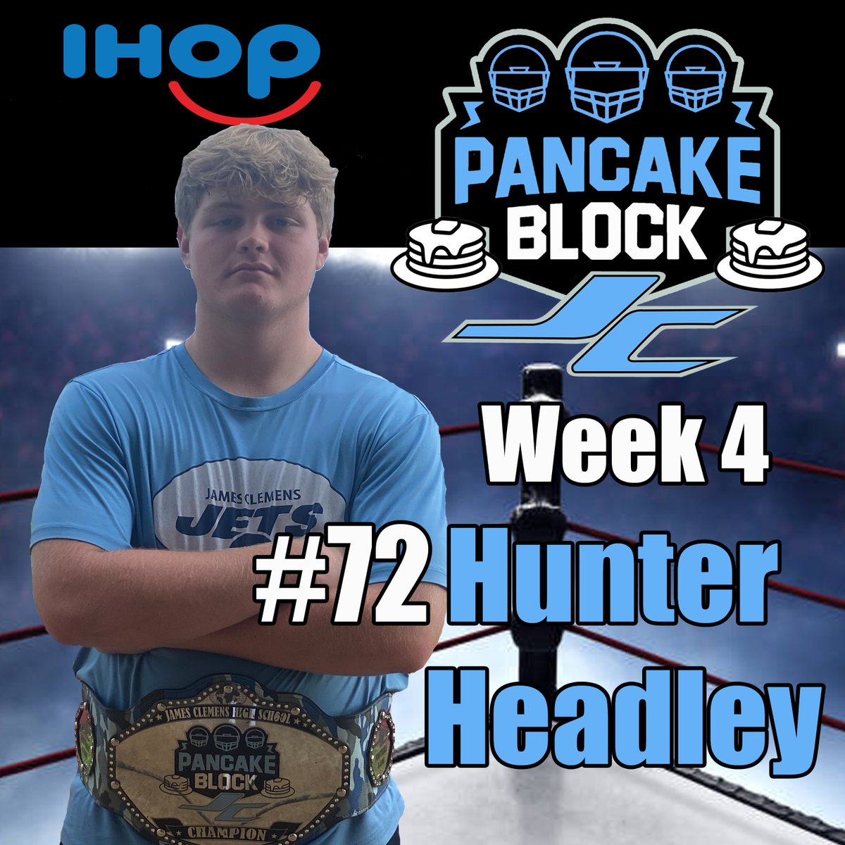 JCJetsFootball's tweet photo. #72 Hunter Headley is our iHOP offensive line "Pancake Block Champ" of Week #4.  Way to Go Hunter!  Our 1st Two-Time Belt Winner!  #Classof2024 #ThankYouiHOP #PANCAKES #OLINEROCKS IHOP Huntsville &amp; Madison https://t.co/nraXVEGOQJ
