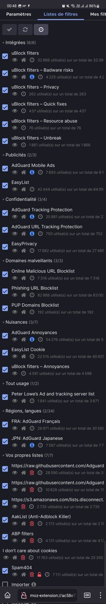 toine512's tweet image. Firefox Android...
Imported ones are: AdGuard Russian, AdGuard German, Disconnect malvertising