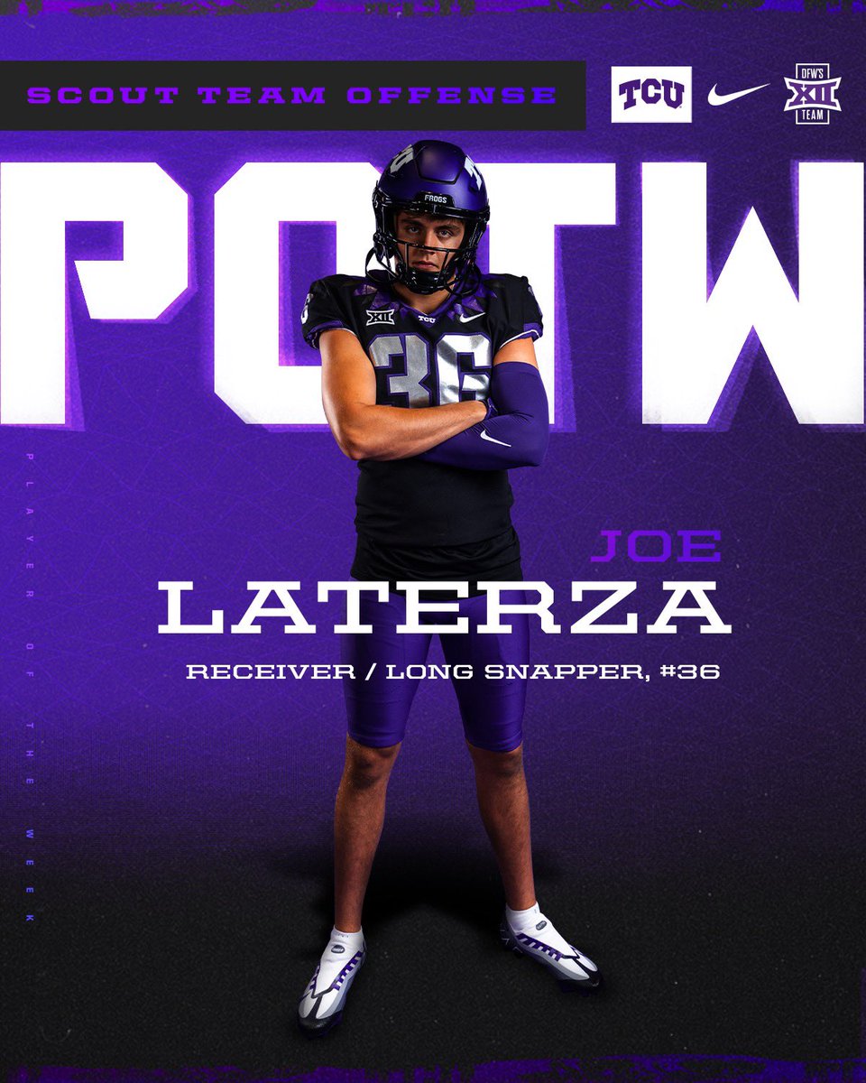 TCUFootball's tweet photo. Scout Team Offensive POTW 

@laterza_joe 

#GoFrogs #DFWBig12Team https://t.co/BoalSTcvAM