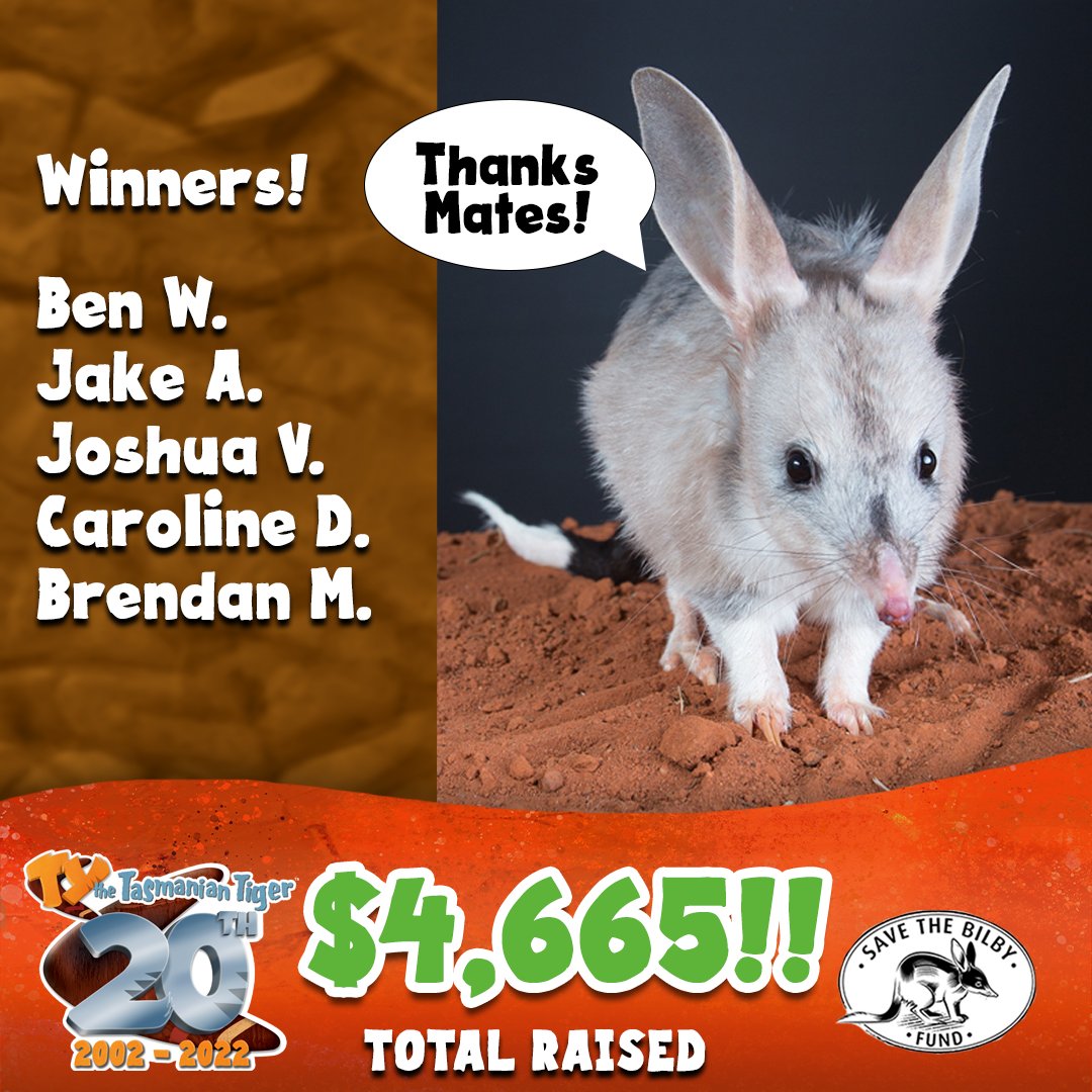 Tasmanian_Tiger's tweet photo. Congratulations to the winners of the drawing!
Direct Message us so we can send you out your prizes.
Thank you to everyone who donated! You beauty! #savethebilbyfund #TYtheTasmanianTiger #TY20th https://t.co/yiZBdbq6l6