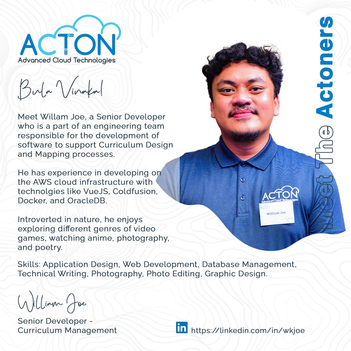 actonfiji's tweet photo. Meet William Joe, Senior Developer - Curriculum Management Software.
#meettheactoners #actonfiji #actoners #fiji #ict #forfijiansbyfijians #cloudtechnology #softwareengineering #microsoft #businesscentral #techtourism
100% #EmployeeOwned 100% #EmployeeOperated 100% #FijianOwned https://t.co/bsWODNK3qR