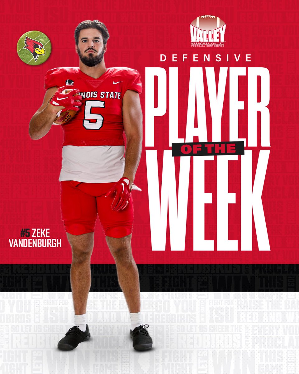 RedbirdFB's tweet photo. 12 tackles, 3 sacks and a forced fumble vs. Valpo leads to @5zekiel being named the @ValleyFootball Defensive Player of the Week! https://t.co/I2bfOqh8UZ