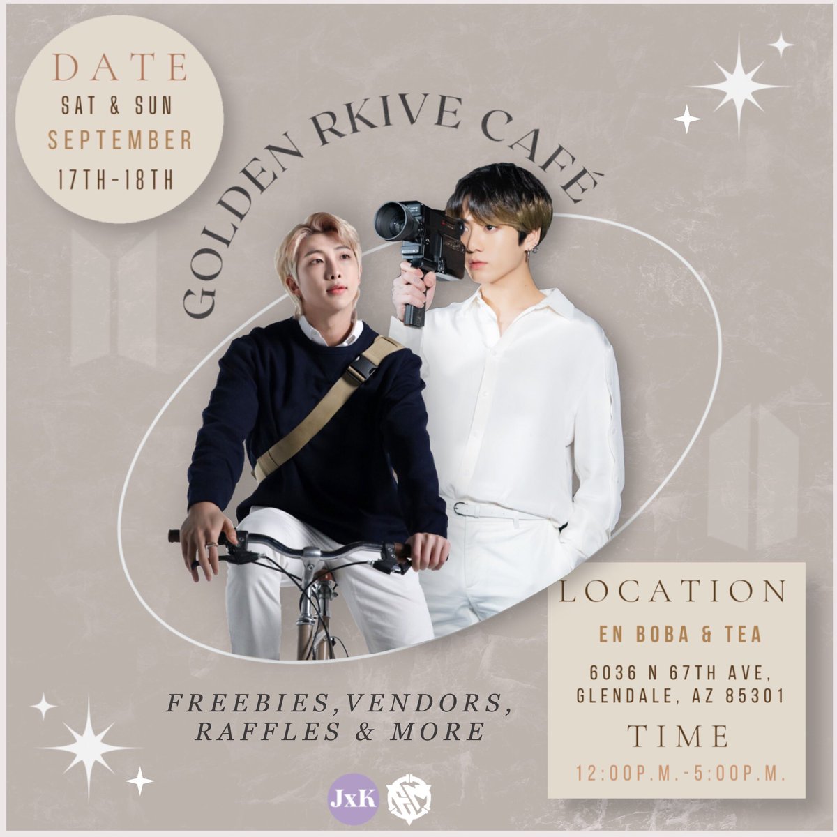 JOCExKASS's tweet photo. #AZARMY! Celebrate RM’s &amp; JK’s Birthday with us September 17th &amp; 18th💜

✨Golden Rkive Café🌿

🗓September 17th &amp; 18th (SAT-SUN)

⏰12:00pm-5:00pm

📍EN Boba &amp; Tea
6036 N 67th Ave, 
Glendale, AZ 85301

#Namkook #RMDAY #JKDAY #HappyBirthdayJungkook #HappyBirthdayNamjoon https://t.co/cULSii5asR