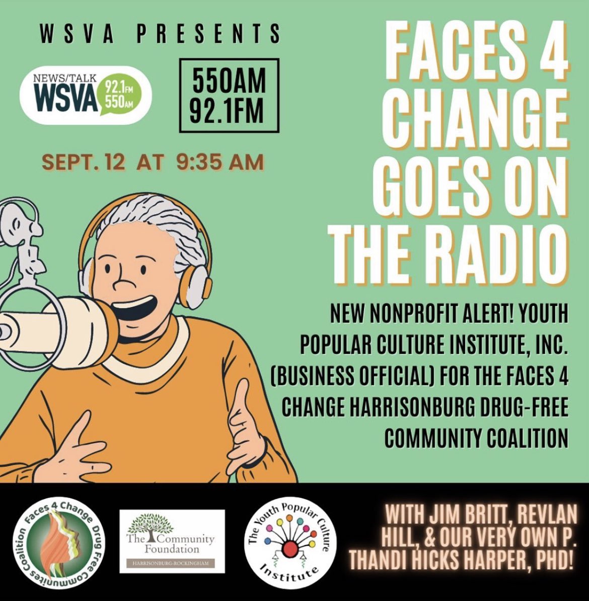 Faces4Change's tweet photo. Our very own P. Thandi Hicks Harper, PhD, will be on the radio to represent Faces 4 Change! Tune in tomorrow at 9:35 am to listen to Dr. Hicks Harper. Listen to the recording later at https://t.co/nx2BhvrIoZ!
#faces4change #f4c #harrisonburgva #hiphopdev #working4positivechange https://t.co/cukTQMn4kJ